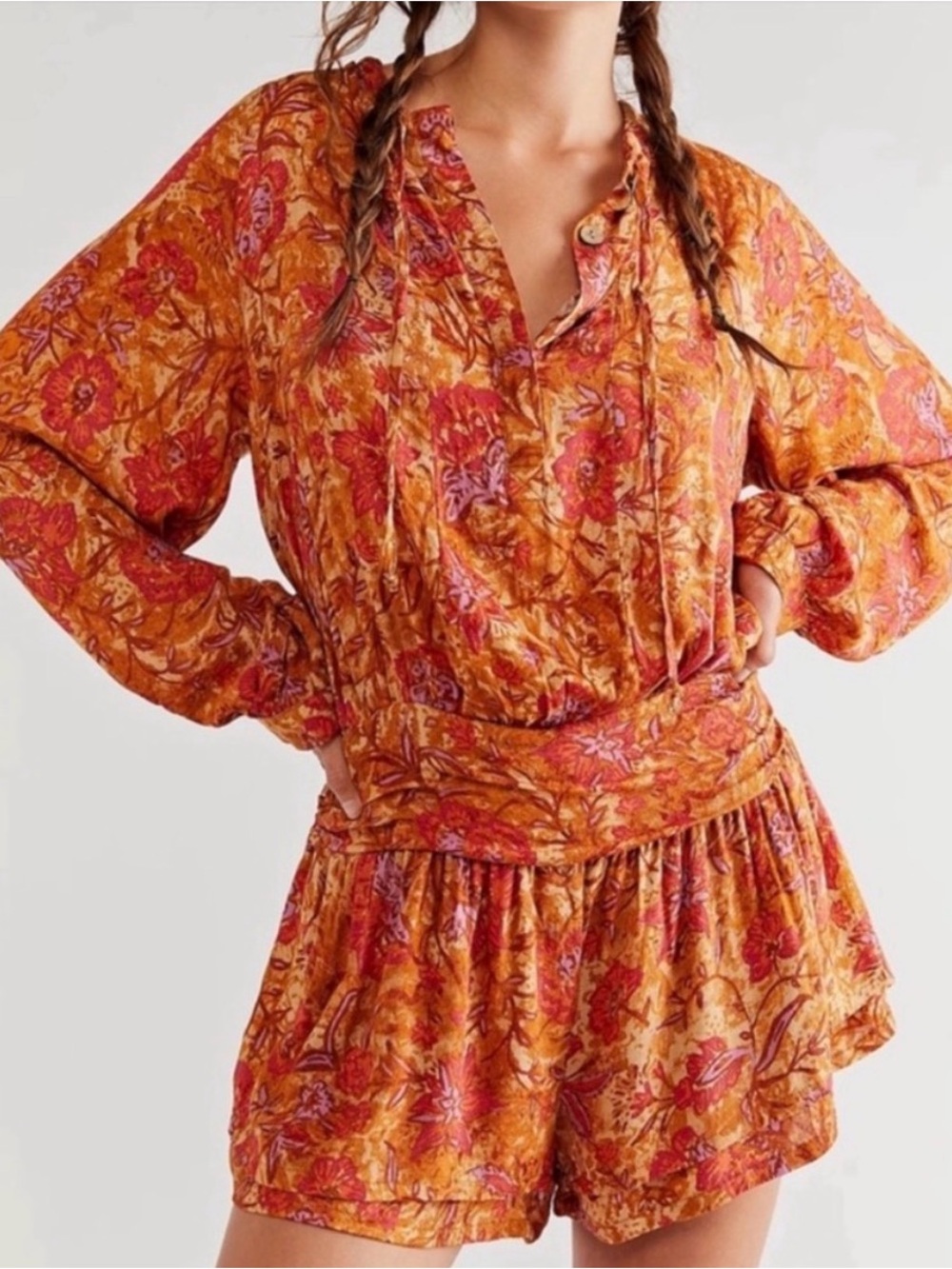 Free People ‘Dance Till Dawn’ Romper Size Small - Orange Floral 🧡 🌼